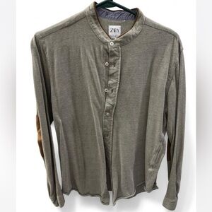 Zara Womens L cabincore Gray Button Down with Brown Elbow Patches